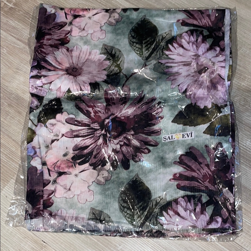 Floral Scarf with Purple and Green Design